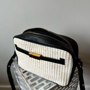Lightly used DeMELLIER London: New York Cross Body Raffia and Black leather bag